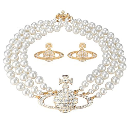Dreuyet Saturn Pearl Necklace and Earrings Set Crystal Planet Earrings Dainty Artificial Pearl Choker Necklace Charm Gifts for Mum Wife Wedding Birthday Anniversary - color: 3 Layered Pearl Gold