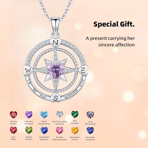 Compass Birthstone Necklace for Women S925 Sterling Silver with Cubic Zirconia - Birthday Jewelry gift for her, Girlfriend, Wife, Mom on Birthday, Anniversary - color: 02 - Amethyst