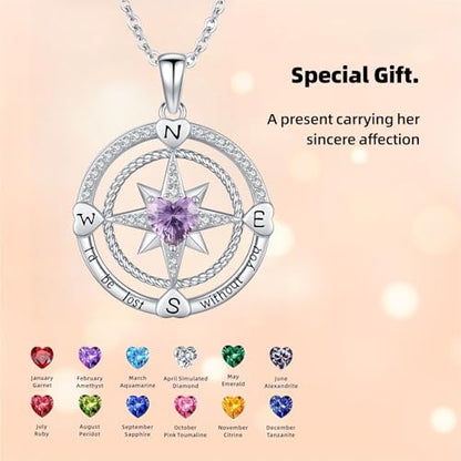 Compass Birthstone Necklace for Women S925 Sterling Silver with Cubic Zirconia - Birthday Jewelry gift for her, Girlfriend, Wife, Mom on Birthday, Anniversary - color: 02 - Amethyst