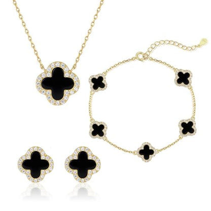925 Sterling Silver Four Leaf Clover Bracelet – Real Silver Lucky Clover Jewelry for Women, Dainty Good Luck Gift for Her - color: Gold – Black Onyx Set