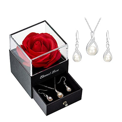 EleQueen 925 Sterling Silver CZ Freshwater Cultured Pearls Bridal Pendant Necklace Earrings Wedding Jewelry Sets, Valentine's Day/Mother's Day/Christmas Gift - style: 02-Preserved Real Rose Box+Ivory Pearl Jewelry Set