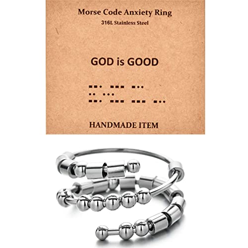 Morse Code Rings for Women, Stainless Steel Spinner Ring Fidget Rings for Anxiety Ring Morse Code Rings Inspirational Gifts Jewelry Women Birthday Graduation Gifts for Best Friends - style: 21 GOD is GOOD