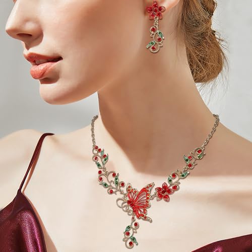 EleQueen Women's Crystal Butterfly Flower Leaf Necklace Earrings Set | Crystal Jewelry Set for Brides Bridesmaids, Necklace Set for Party - color: Gold-Tone Red Ruby Color