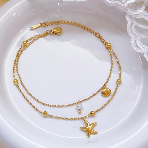 Gold Ankle Bracelets for Women Waterproof Shell Starfish Pearl Anklets Dainty Beach Anklet Adjustable Link Chain Cute Stainless Steel Anklets Summer Beach Jewelry
