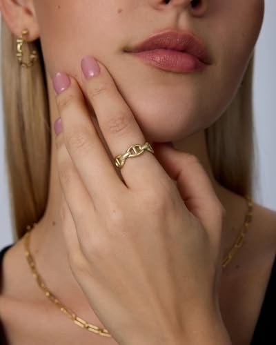 PAVOI Waterproof Link Band - 14K Gold Plated Link Chain Ring for Women | Stainless Steel Thin Stackable Ring, Trendy Jewelry - color: White Gold