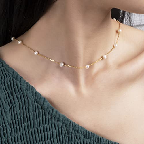925 Sterling Silver Dainty Freshwater Cultured Pearl Choker Necklace White Genuine Real Pearl Charm Necklaces Jewelry Gifts for Her - color: Satellite Pearl-Gold 4.5-5.5mm