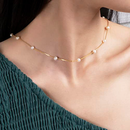 925 Sterling Silver Dainty Freshwater Cultured Pearl Choker Necklace White Genuine Real Pearl Charm Necklaces Jewelry Gifts for Her - color: Satellite Pearl-Gold 4.5-5.5mm