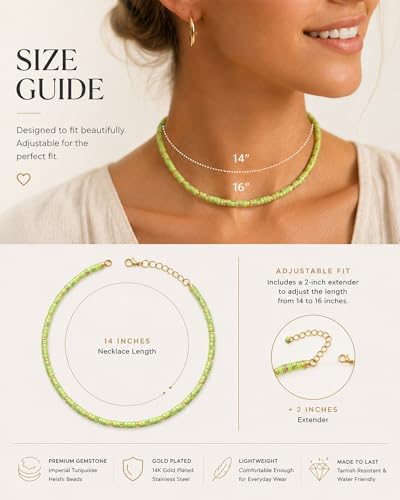 Natural Heishi Gemstone Choker Necklace for Women, Adjustable 15"+2" Beaded Layering Necklace, Coastal Beach Jewelry Gift for Her - color: Imperial Turquoise
