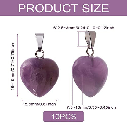 10Pcs Heart Stone Charm Pendants Natural Amethyst Gemstone Pendants with Platinum Brass Loops for DIY Necklace Keychains Earring Crafts Supplies - color: Amethyst