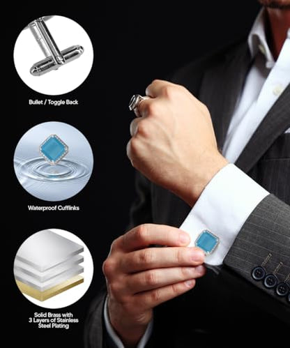 Large Big Square Crystal Color Stone Cuff Links for Men – Tuxedo Suit Accessories, Cufflinks for Men - style: Matte Sky/Silver