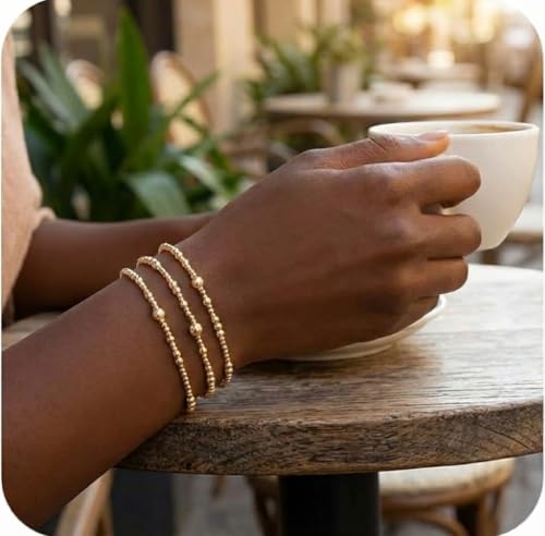 14K Gold Plated Beaded Bracelets Stack Set for Women,Stretch Boho Ball Jewelry Friendship Trendy - color: 3Pcs