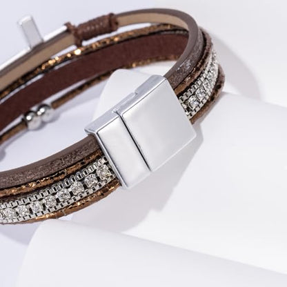 Boho Leather Wrap Bracelets Beaded Stackable Cuff Bracelet Country Concert Outfits Cowboy Cowgirl Western Jewelry Gifts for Women - color: Cross-Brown