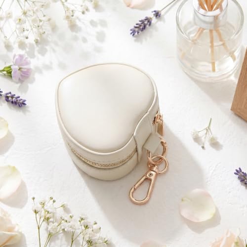 Small Travel Jewelry Case with Keychain Mini Jewelry Box for Rings Earrings Necklaces PU Leather Zipper Heart Jewelry Pouch for Women Travel Essentials White - color: white