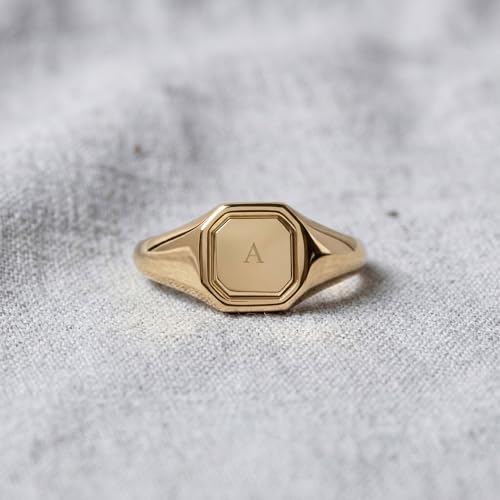 Visoka Men's Personalized Gold Signet Ring Custom Initial - Octagon Engraved Pinky Ring for Men, Stainless Steel Gold Plated, Statement Ring Gift for Boyfriend Groomsmen