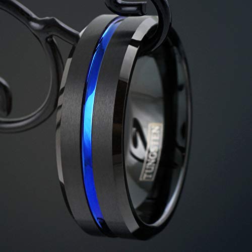 Elegant 6mm/8mm Brushed Satin Finish Black Tungsten Carbide Band Ring w/Cool Thin Blue Line Stripe & Polished Beveled Edges feat. Comfort Fit Inner Band.