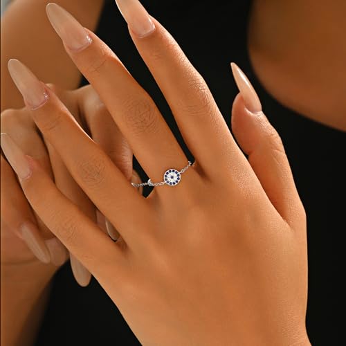 925 Sterling Silver Adjustable Link Chain Rings for Women Daughter | Dainty 14k Gold Plated Evil Eye/Cross/Flower Ring Sparkly Twist Rope with Bead Dangle Stackable Ring Jewelry Birthday Gifts - color: Style 7-Silver