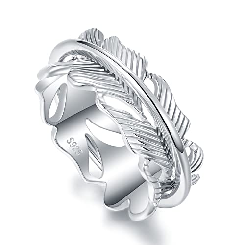 925 Sterling Silver Anxiety Ring with Beads Fidget Spinning Rings for Women Worry Beads Rings - color: feather design