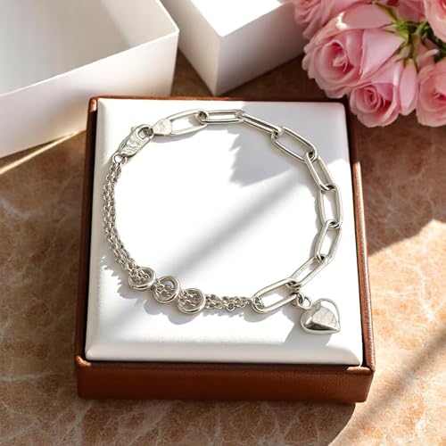 925 Sterling Silver 6mm Paperclip Bracelet for Women with Heart Charm - Mixed Link Chain Design, Lobster Clasp, Size 7" 8" 9", Gift Box - size: Large - 9 Inches
