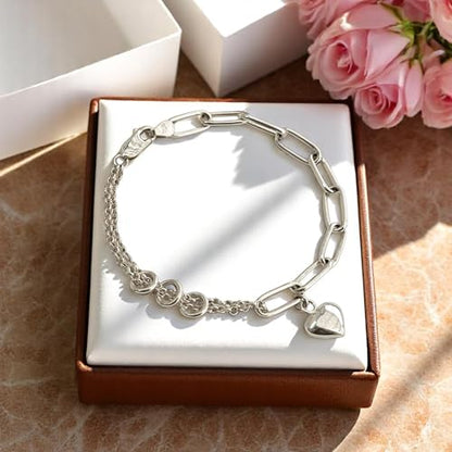 925 Sterling Silver 6mm Paperclip Bracelet for Women with Heart Charm - Mixed Link Chain Design, Lobster Clasp, Size 7" 8" 9", Gift Box - size: Small - 7 Inches