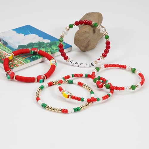 Twinfree Bohemian Cute Fruit Banana Cherry Strawberry Pineapple Mango Polymer Clay Beaded Stackable Stretch Bracelets - color: color 28