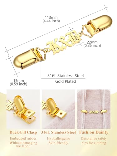 Custom4U Personalized Sweater Clips for Cardigans, Custom Name Initials Cinch Clip, Stainless Steel Dress Clips Back Cinch Shirt Clips for Women Clothing, Shawl Dress Shirts Cincher Small Brooch Jewelry Gifts - color: Gold Color-Old English Font