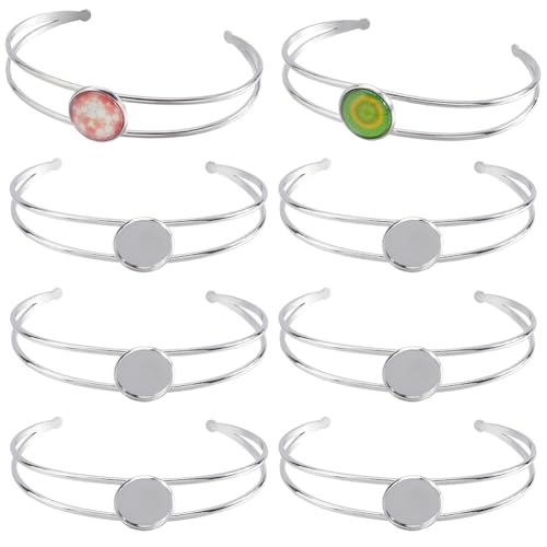 SUNNYCLUE 8Pcs Cabochon Bangles Adjustable Blank Bangle Silver Metal 304 Stainless Steel Expandable Cuff Round Cabochons Bezel Blank Tray Base Bangle for Bracelet Jewelry Making DIY Crafts Accessories