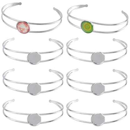 SUNNYCLUE 8Pcs Cabochon Bangles Adjustable Blank Bangle Silver Metal 304 Stainless Steel Expandable Cuff Round Cabochons Bezel Blank Tray Base Bangle for Bracelet Jewelry Making DIY Crafts Accessories