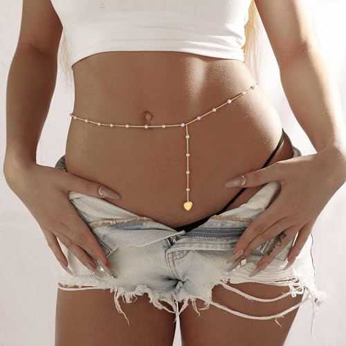 CAROVO Belly Waist Chain for Women 14K Gold Silver Plated Layered Body Chains Boho Cuban Figaro Pearl Heart Coin Satellite Bead Belly Chain Sexy Bikini Body Jewelry for Women Adjustable - style: E:Pearl Heart GD