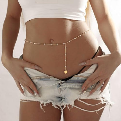 CAROVO Belly Waist Chain for Women 14K Gold Silver Plated Layered Body Chains Boho Cuban Figaro Pearl Heart Coin Satellite Bead Belly Chain Sexy Bikini Body Jewelry for Women Adjustable - style: E:Pearl Heart GD