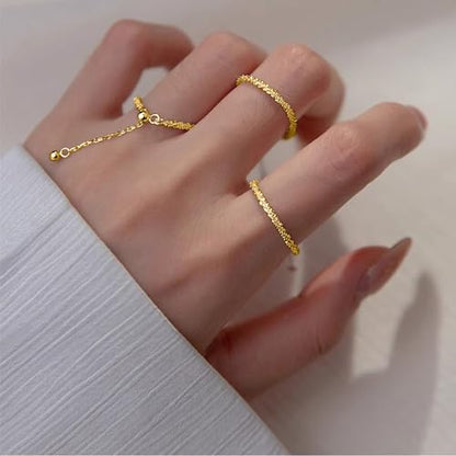 925 Sterling Silver Adjustable Link Chain Rings for Women Daughter | Dainty 14k Gold Plated Evil Eye/Cross/Flower Ring Sparkly Twist Rope with Bead Dangle Stackable Ring Jewelry Birthday Gifts - color: Gold