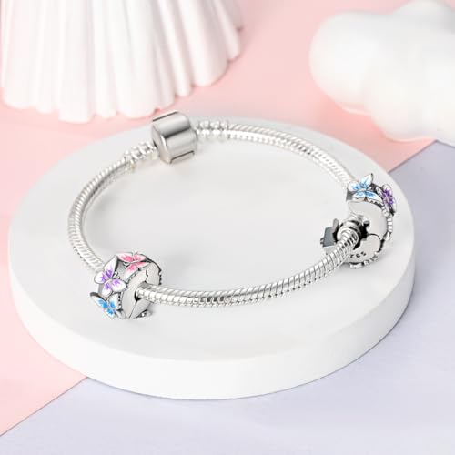 Hapour Clip Spacer Charm for Bracelet 925 Sterling Silver Stopper Beads | Heart Stopper Charm, Butterfly Lucky Clover Sunflower Openable Clip Lock Jewelry Beads for Women Mom - color: Colorful Butterfly