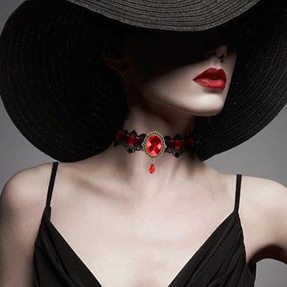 AILUOR Punk Rock Wedding Party Handmade Black Lace Choker, Gothic Retro Lolita Beads Chain Vampire Pendant Necklace for Women Halloween - color: Red