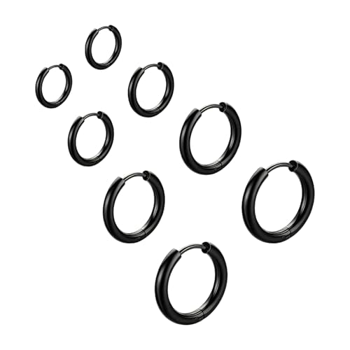 4 Pairs Small Gold Silver Huggie Hoop Earrings for Women Surgical Steel Set | 14K Gold Plated 316L Stainless Steel, 6/8/10/12 mm, Hypoallergenic, Lightweight, Mini Jewelry - color: Black/4 Pairs
