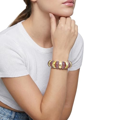 GOOJIDS Simple Beaded Gold Plated Bangles Bracelet Chunky Bamboo Tube Curved Stacking Clear Acrylic Colorful Beads Stretchable Gold Plated Bracelets Set For Women - color: B-Gold&Pink Leopard