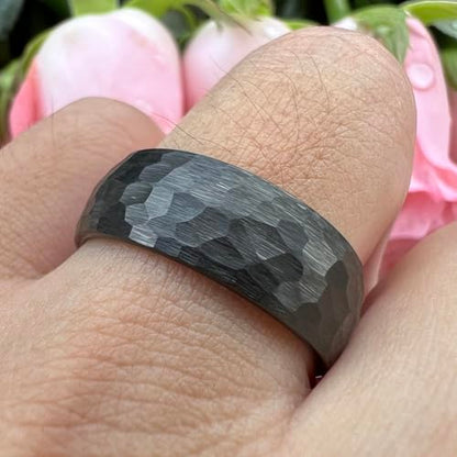 TUTISS 6mm 8mm Silver/Black/Gold/Rose Gold Hammered Tungsten Rings for Men Women Couple Fashion Jewelry Engagement Wedding Bands Domed Matte Finish Comfort Fit - color: 8mm Black I Love You Engraved