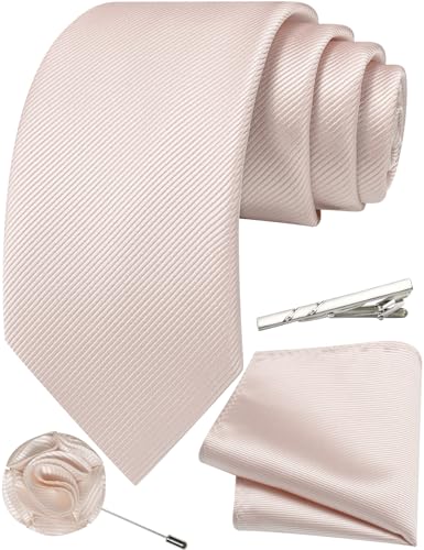 Solid Color Tie and Pocket Square with Tie Clip Lapel Pin Silk Formal Necktie Set Wedding Formal - color: Light Pink