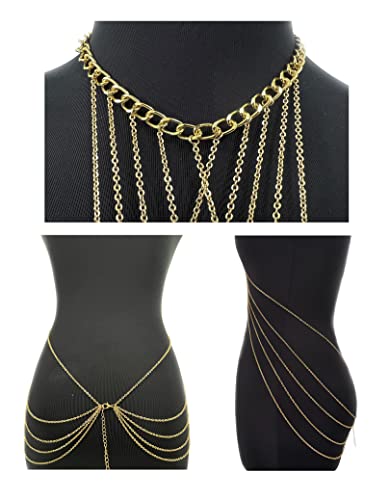 Harness Body Chain Sexy Layered Tassel Belly Waist Chain Necklace Boho Hot Bikini Nightclub Party Beach Body Jewelry for Women and Ladies Gold Tone - style: A:Cross