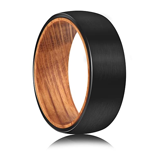 Tungsten Rings for Men Womens 8mm Black Silver Fashion Promise Wedding Band Carbide Inner Hole Inlaid Whiskey Barrel Wood Chamfer Frosted Matte Finish Edge Comfort Fit size 7-12 - color: black barrel wood