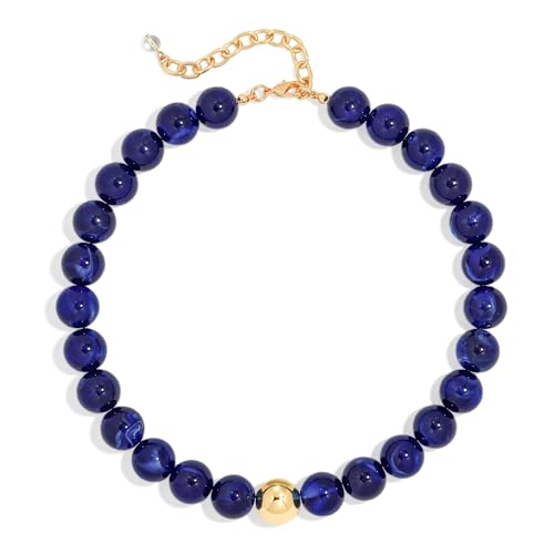 Chunky Beaded Necklace for Women Boho Statement Bead Necklace | Adjustable, Lightweight Choker, Round/Oval/Pebble Beads, Trendy Summer Beach Jewelry - color: Deep Blue
