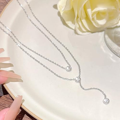 Zeffy Diamond Necklaces for Women, Dainty Gold Necklace 18k Gold Plated Layered Necklaces Simple Gold CZ Diamond Pendant Necklaces for Women Trendy Jewelry Gifts for Girls - color: Silver Three CZ Layered Y Necklace