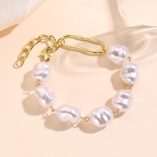 Baroque Pearl Bracelet for Women Elegant Gold Plated Irregular Chunky Pearls Bracelets Summer Starfish Seashell Conch Cuff Bracelets Jewelry for Vacation - color: gold white