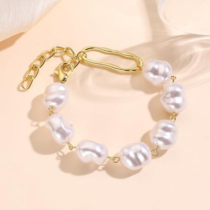 Baroque Pearl Bracelet for Women Elegant Gold Plated Irregular Chunky Pearls Bracelets Summer Starfish Seashell Conch Cuff Bracelets Jewelry for Vacation - color: gold white