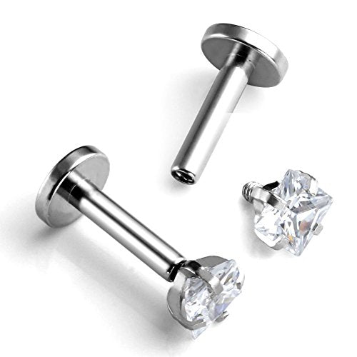 PiercingJ 2-4pcs 16g 316L Stainless Steel 3mm Cubic Zirconia Labret Monroe Lip Ring/Tragus/Helix Earring,6-12mm Bar Length - style: 3mm zirconia square/ 6mm bar