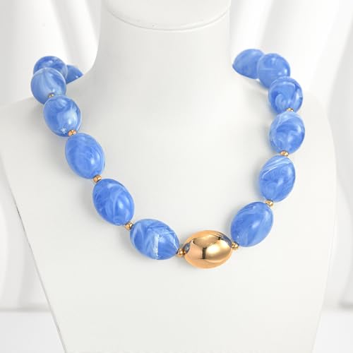 Chunky Beads Necklace for Women Trendy Gold Puffy Heart Choker Necklace Colorful Resin Beaded Heart Pendant Necklaces Statement Jewelry - color: Oval Beads-Blue