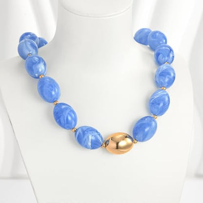 Chunky Beads Necklace for Women Trendy Gold Puffy Heart Choker Necklace Colorful Resin Beaded Heart Pendant Necklaces Statement Jewelry - color: Oval Beads-Blue