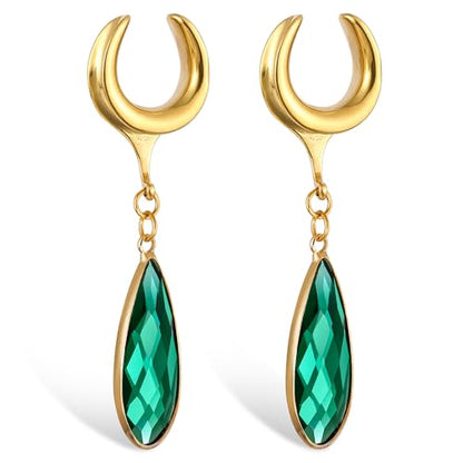 1 Pair Saddle Gauges Earring with Green Crystal Stone Ear Dangle Plugs Tunnels 00G 6mm-25mm (0G-1") Body Piercing Jewelry - color: Gold-1569, size: 25 mm