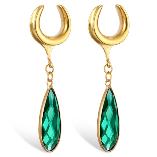 1 Pair Saddle Gauges Earring with Green Crystal Stone Ear Dangle Plugs Tunnels 00G 6mm-25mm (0G-1") Body Piercing Jewelry - color: Gold-1569, size: 14 mm