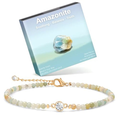 Raicegs Anklets for Women Handmade Beach Boho Ankle Bracelet 3mm Natural Stone Beaded Ankle Bracelet 14K Gold Plated Zircon Pendant Adjustable Crystal Gemstone Anklet Jewelry Gift for Her - color: Amazonite