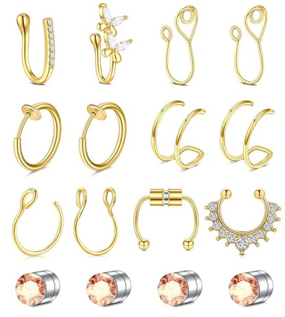 D.Bella Fake Septum Hoop 20G Faux Nose Piercing Hoop Clip on Nose Rings Non Piercing Fake Septum Lip Ear Ring Faux Body Piercing Jewelry for Women Men - color: Color D