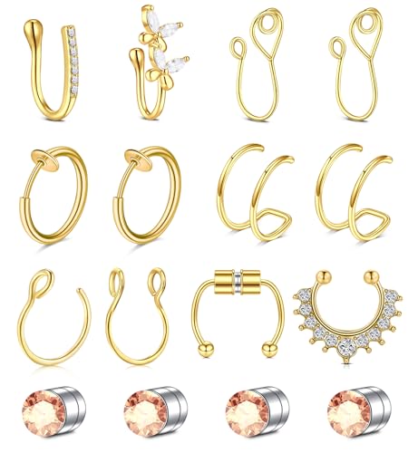 D.Bella Fake Septum Hoop 20G Faux Nose Piercing Hoop Clip on Nose Rings Non Piercing Fake Septum Lip Ear Ring Faux Body Piercing Jewelry for Women Men - color: Color D